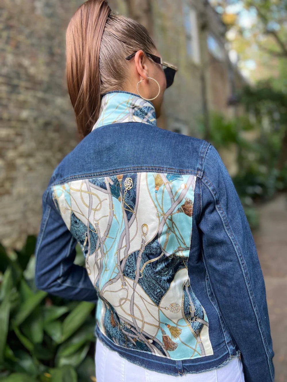 Stacy Bradley Denim Jacket & Matching Bag Set Size L Equestrian Scarf Print